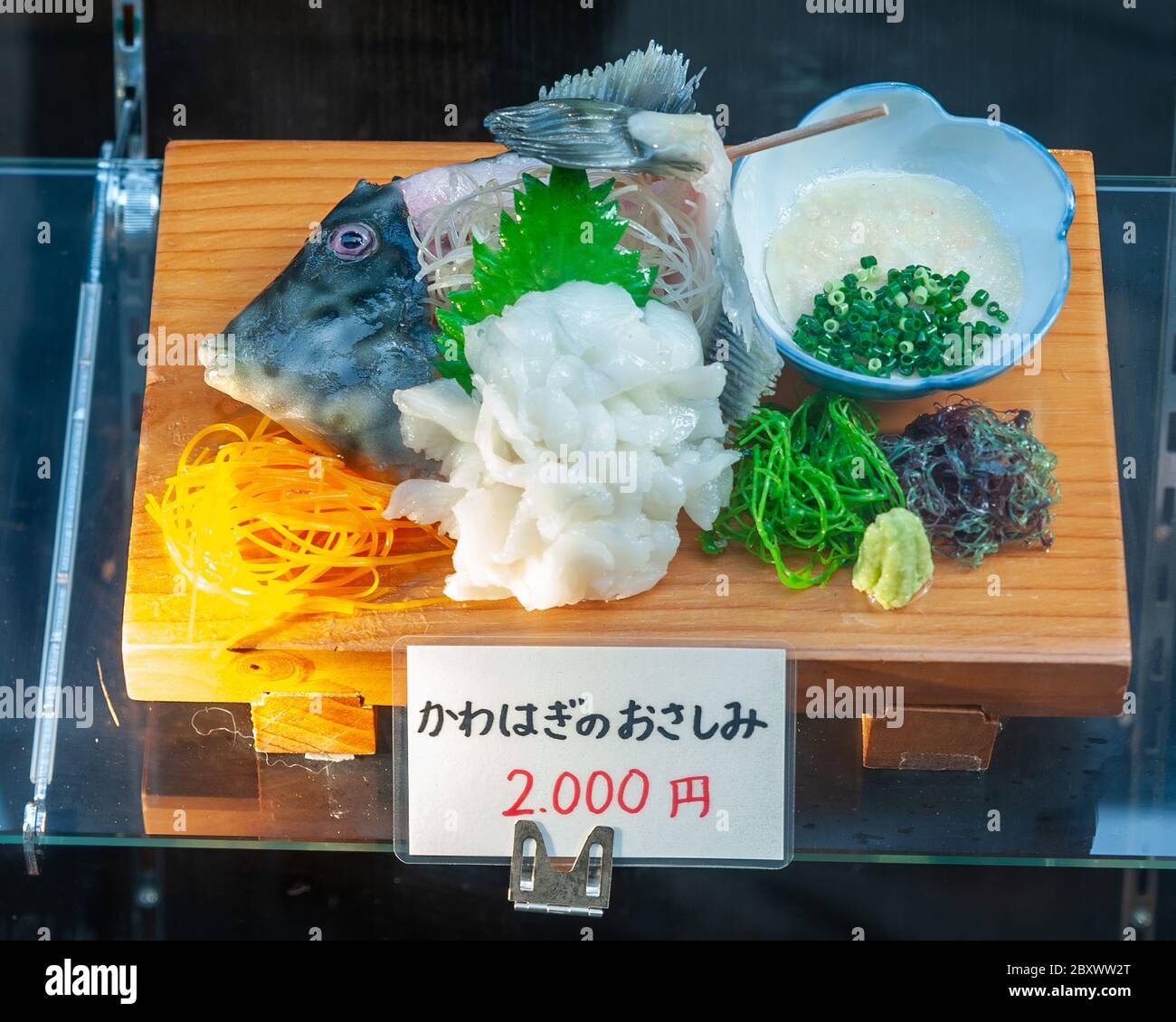 Un piatto di plastica di pesce mostra. Il piatto è chiamato dal ristorante 'è un ottimo modo per vedere il mondo' un titolo di piatto intrigante per i visitatori e. Foto Stock