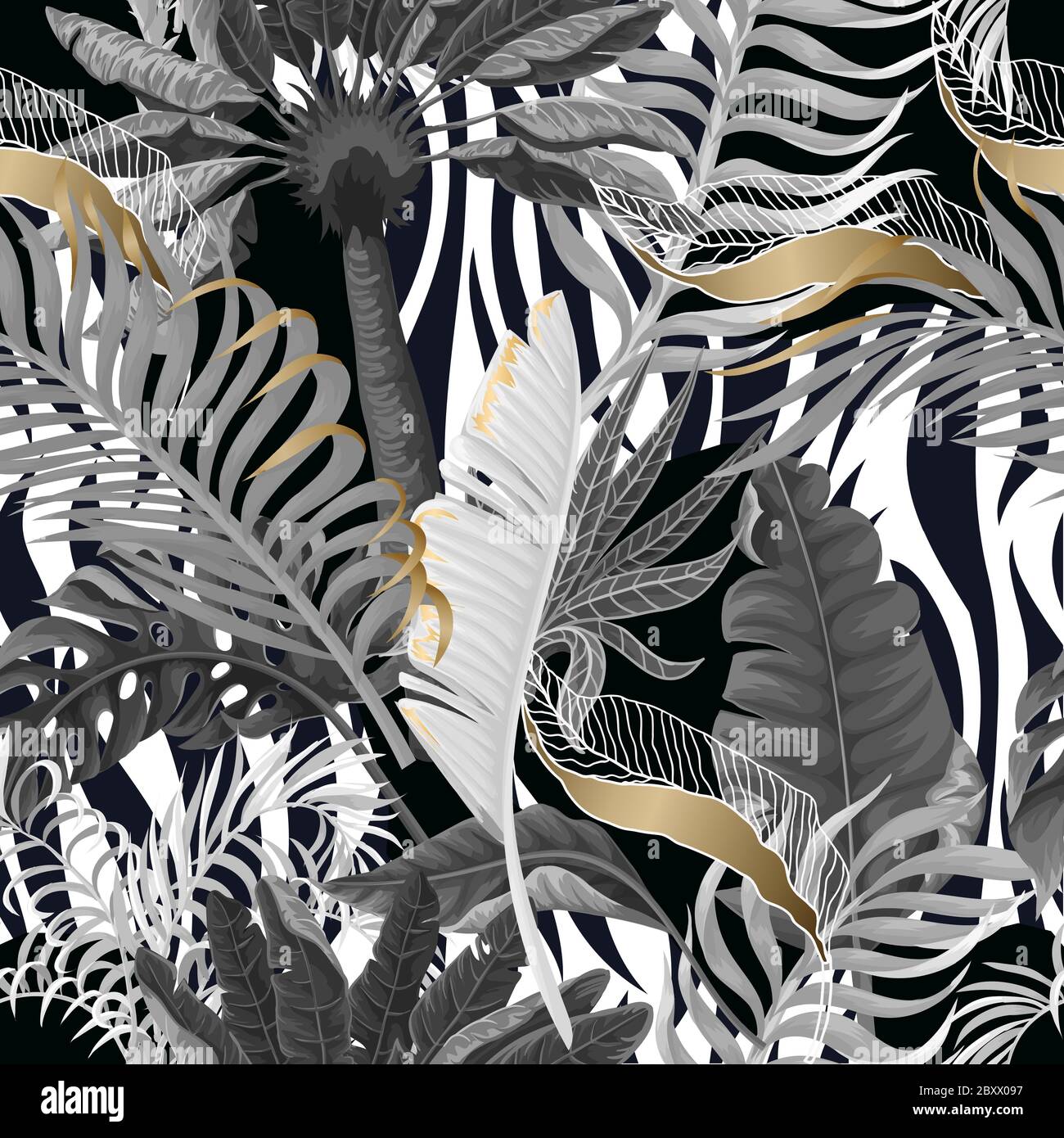 Pelle di zebra senza cuciture con foglie tropicali. Vettore. Illustrazione Vettoriale