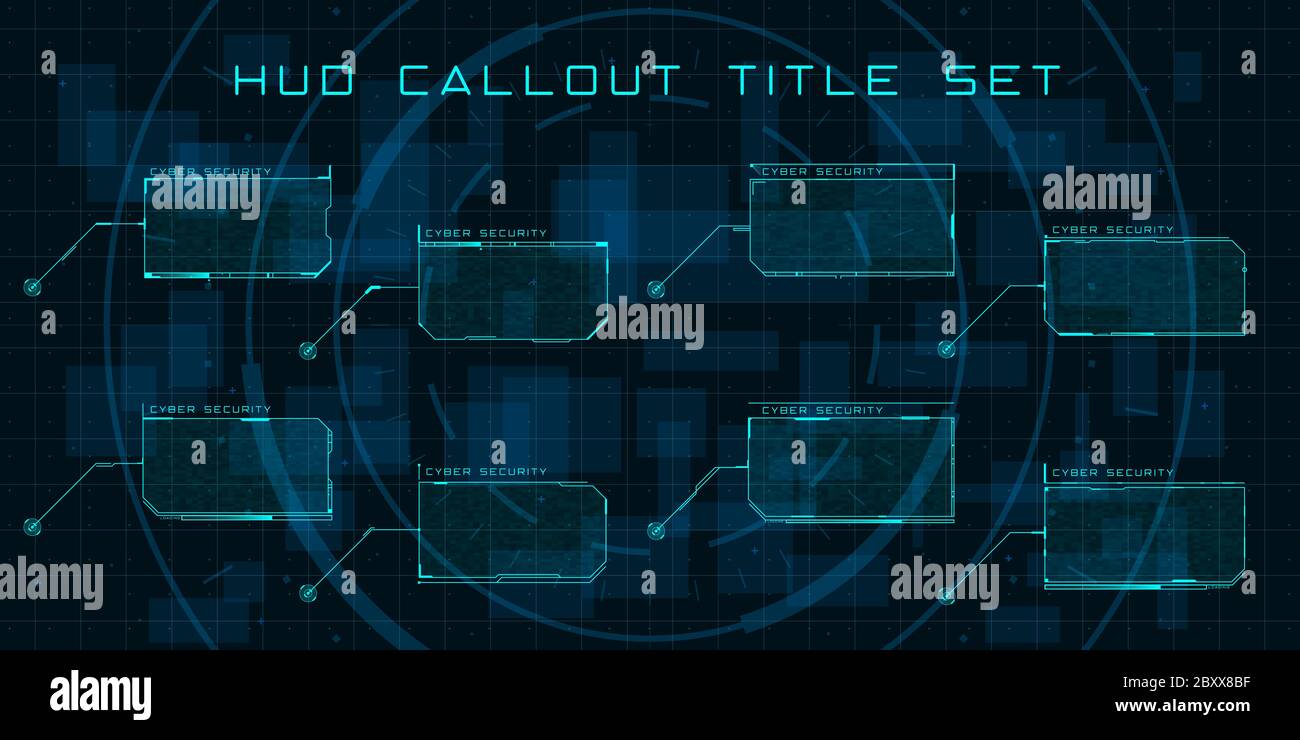 Titoli delle didascalie in stile HUD. Set di interfacce utente futuristiche. Layout digitale moderno del pannello di controllo e menu utente HUD, GUI, UI. Modificabile Illustrazione Vettoriale
