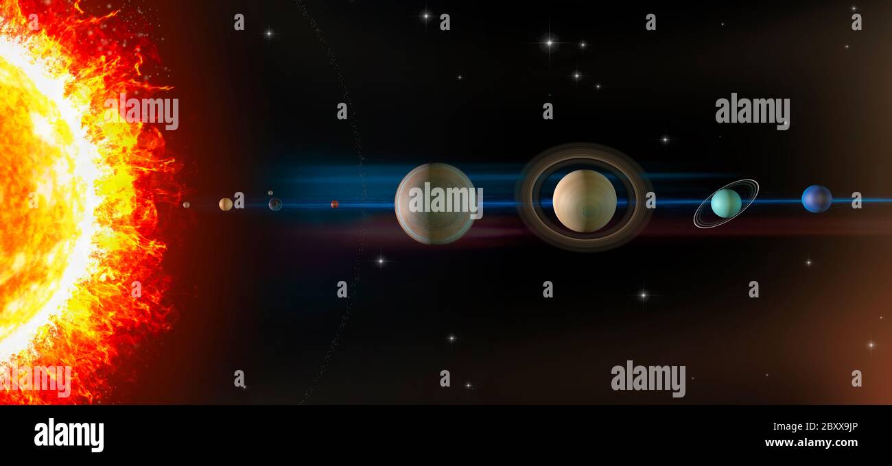 Pianeti del sistema solare, sole, Mercurio, Venere, Terra, Luna, Marte, Giove, Saturno, Urano, Nettuno, grandezze e dimensioni Foto Stock