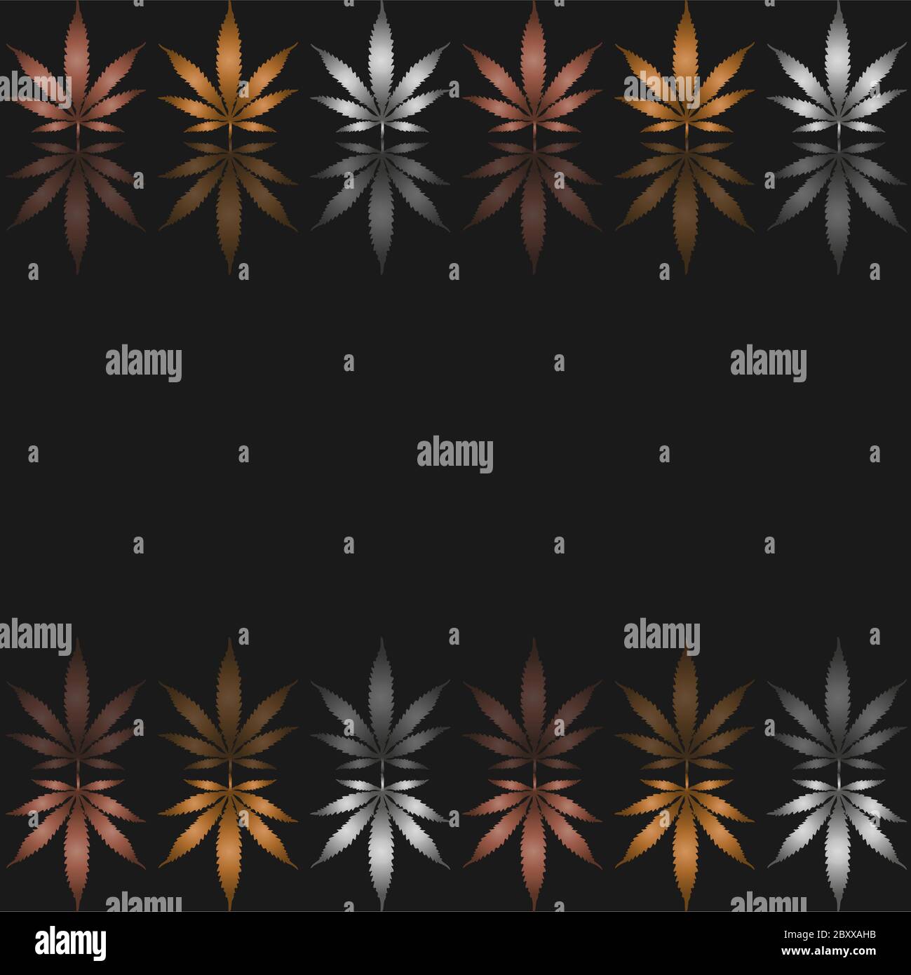 senza cuciture, le foglie di canapa in oro, argento e bronzo e il loro riflesso su sfondo nero Illustrazione Vettoriale