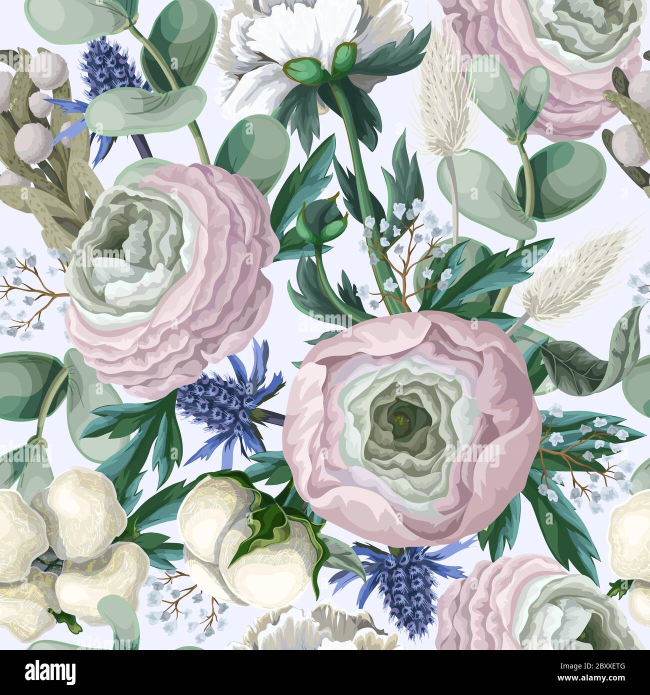 Modello senza cuciture con delicato ranuncolo, eucalipto e fiori selvatici. Vettore. Illustrazione Vettoriale