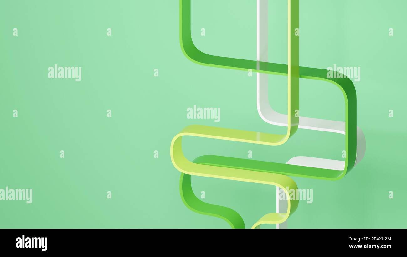 Curve verdi ondulate su sfondo giallo. Disegno astratto, rendering 3D digtal. Foto Stock