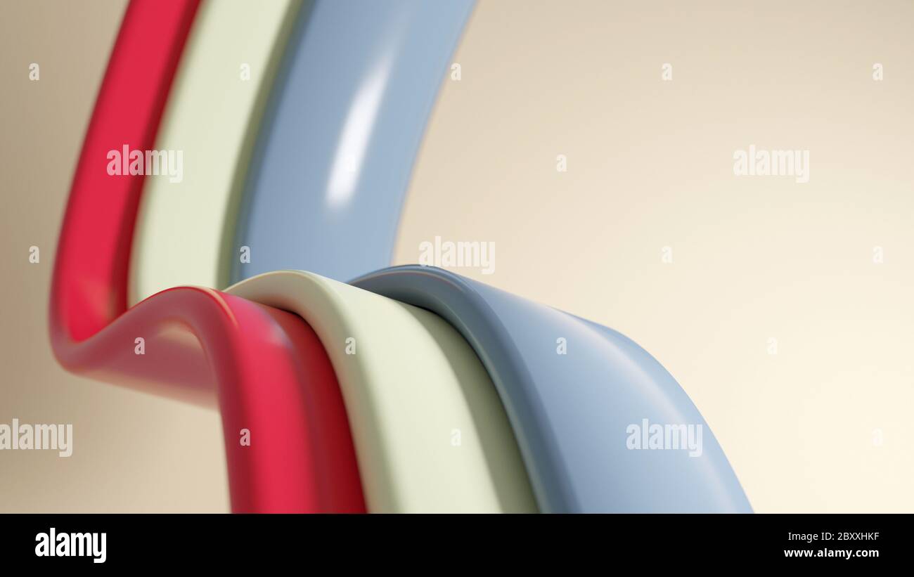Curve lucide blu, bianco e rosso su sfondo avorio. Disegno 3D astratto. Foto Stock