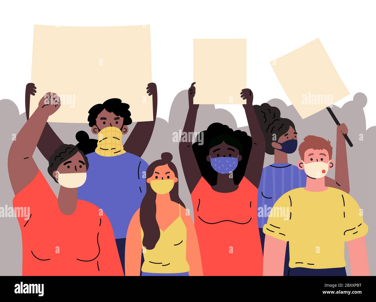 Uomini e donne in maschera che prendono parte a protesta, rally Illustrazione Vettoriale