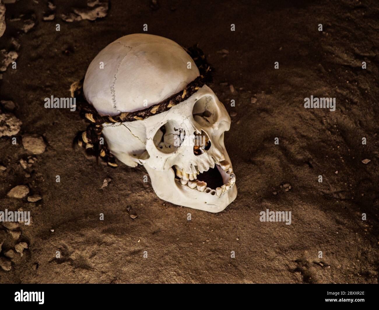 Cranio pre-incano nel sito archeologico di Chauchilla, Nazca, Perù. Foto Stock