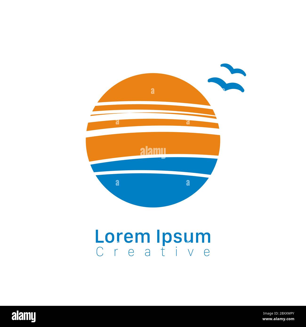 Disegno del logo rotondo del sole e del mare. Vocazione estiva, alba o tramonto immagine vettoriale del stock isolata su sfondo bianco. Illustrazione Vettoriale