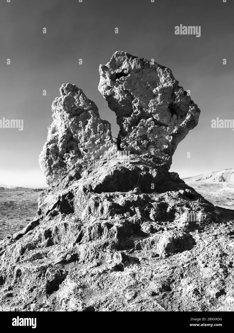 Bizzarra formazione rocciosa nella Valle della Luna vicino a San Perdo di Atacama, Cile. Immagine in bianco e nero. Foto Stock