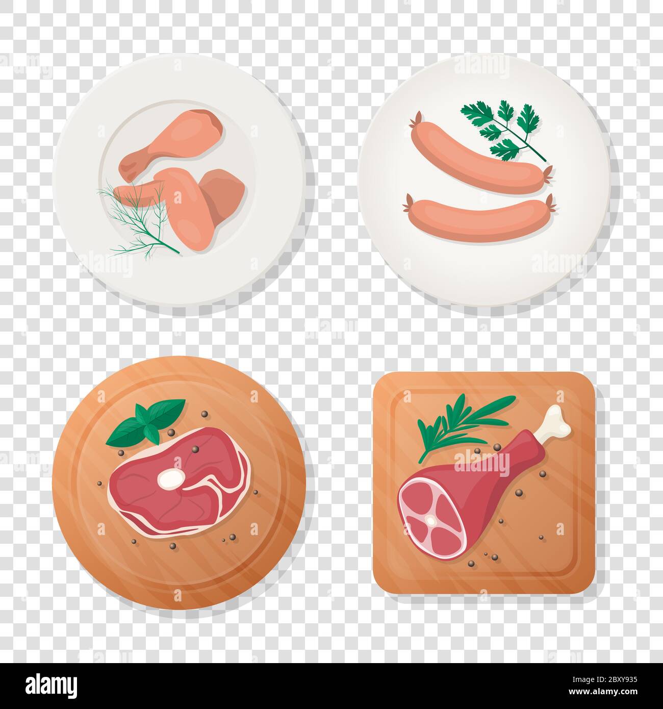 Vector pezzi freschi di carne cruda, ali di pollo, bastone di pollo, salsiccia, filetto di tenderloin, Prosciamone, Verdi sul piatto, insieme di icone del tagliere isolato, Cartoon Illustrazione Vettoriale