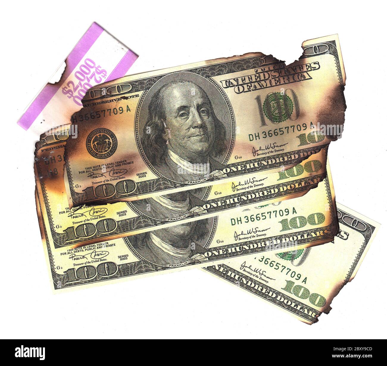 100 le fatture del dollaro bruciato perdita finanziaria recessione rischio di depressione Foto Stock
