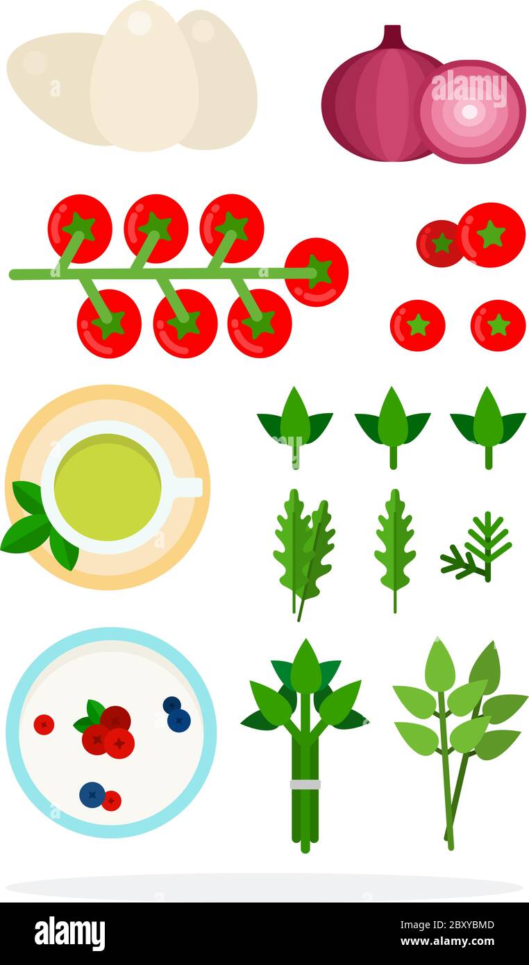 Tè verde, budino di latte, cipolla rossa, pomodoro, uova ed erbe Illustrazione Vettoriale
