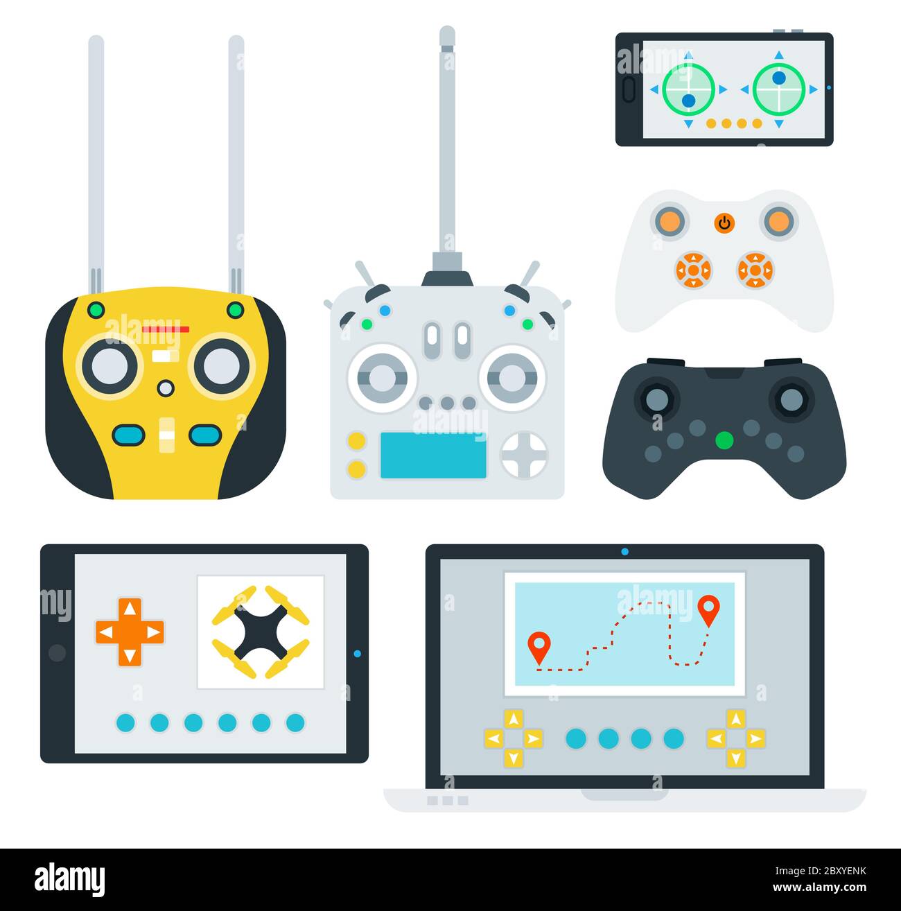 Diversi pannelli di controllo per droni e software per gadget illustrazione vettoriale in un design piatto Illustrazione Vettoriale