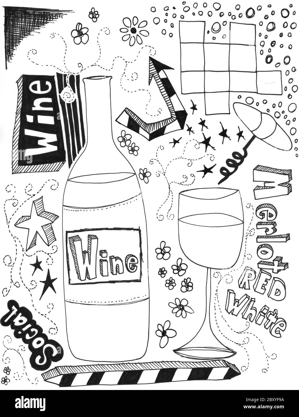 doodles di vino disegnati a mano Foto Stock
