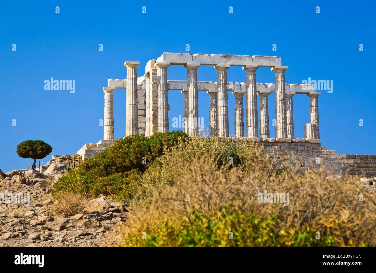 Tempio di Poseidone a Capo Sounion vicino ad Atene, Grecia Foto Stock