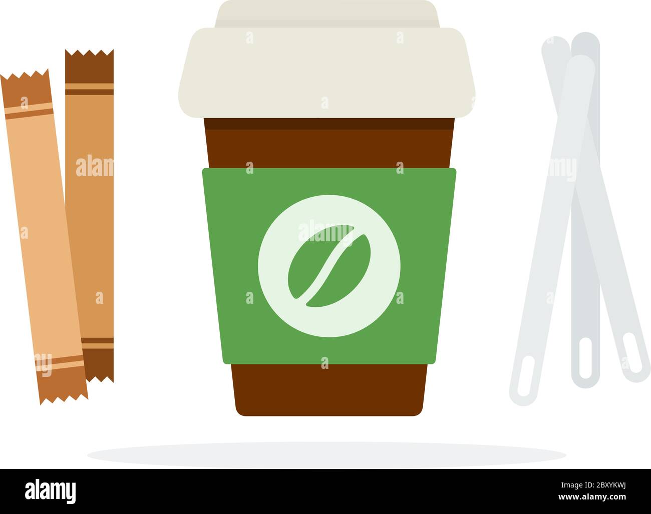 Tazza di caffè in plastica con coperchio con bastoncini di zucchero o cucchiai di plastica Illustrazione Vettoriale