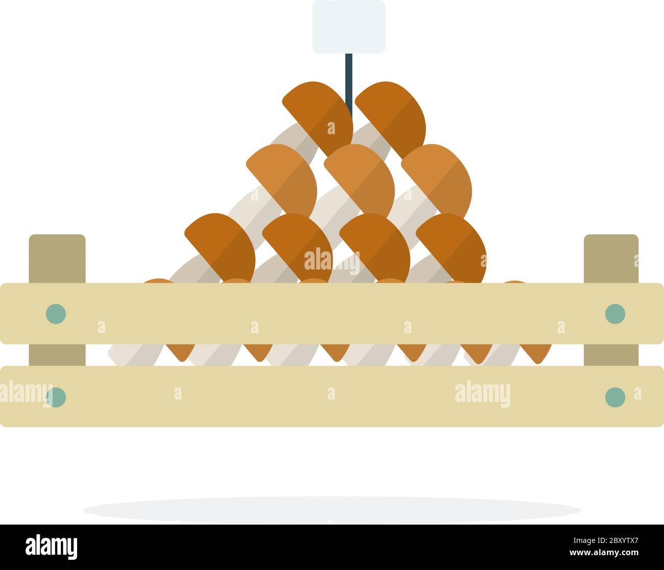Pila di funghi in un contenitore di legno piano isolato Illustrazione Vettoriale