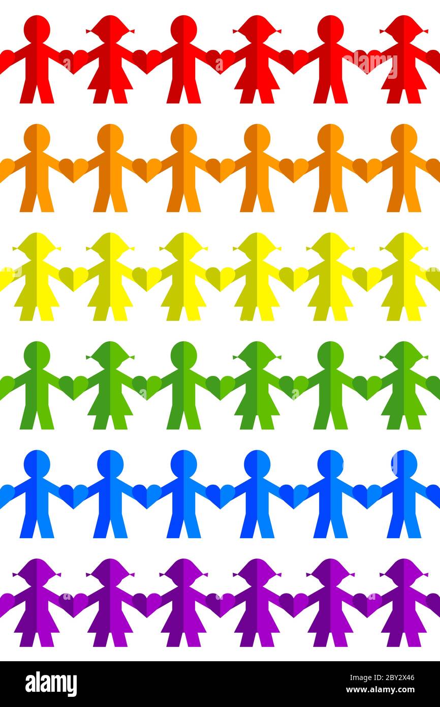 Bandiera arcobaleno fatta di una catena di personaggi di carta colorata che tengono le mani isolate su sfondo bianco. Concetto LGBTQ Illustrazione Vettoriale