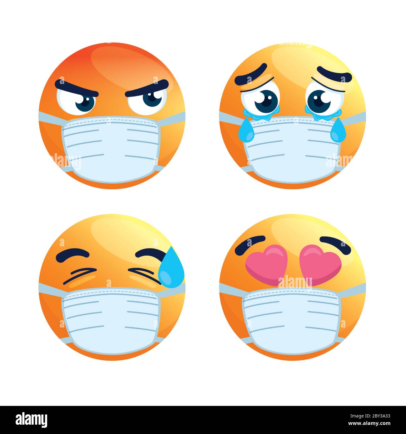 set di emoji indossare maschera medica, facce gialle con una maschera chirurgica bianca, icone per la covid 19 coronavirus focolaio Illustrazione Vettoriale