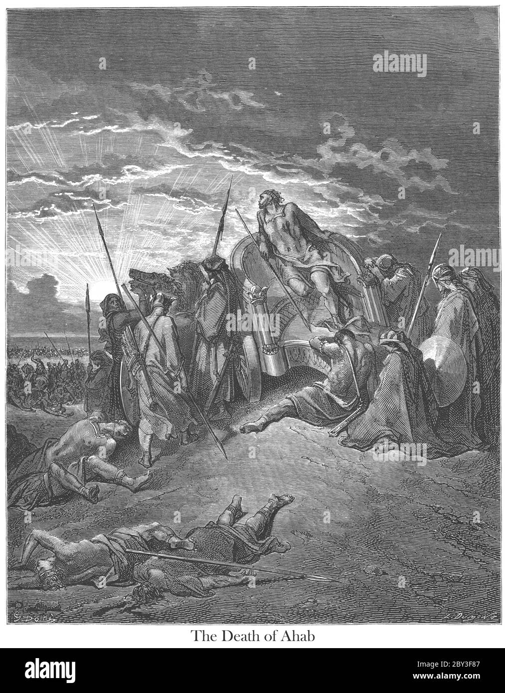 Morte di Acab 1 Re 22:35 dal libro 'Bible Gallery' illustrato da Gustave Dore con memorie di Dore e Letter-press descrittivo di Talbot W. Chambers D.D. Pubblicato da Cassell & Company Limited a Londra e contemporaneamente da Mame a Tours, Francia nel 1866 Foto Stock