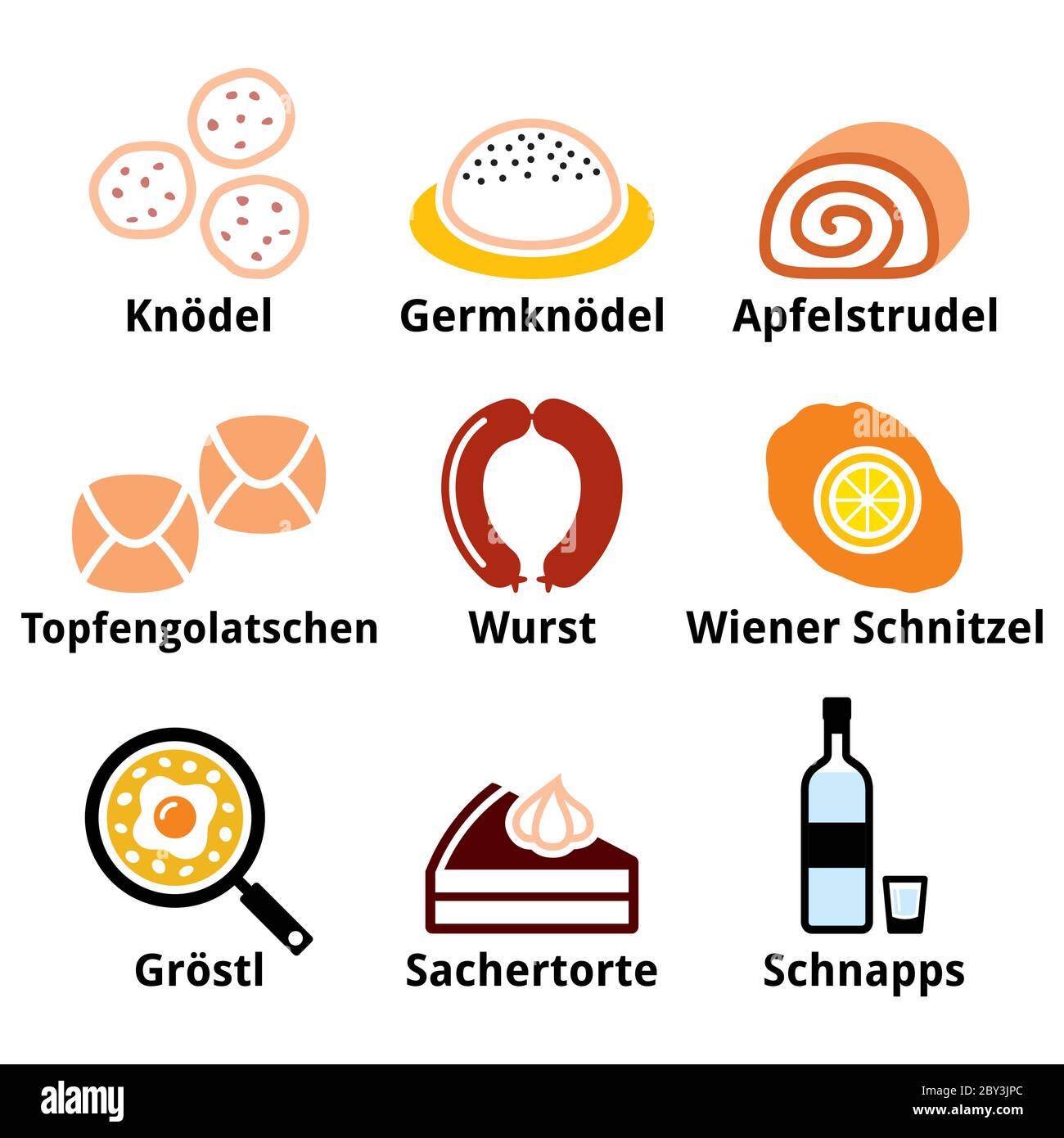 Cucina austriaca - piatti tradizionali e un set di icone vettoriali per bevande Illustrazione Vettoriale