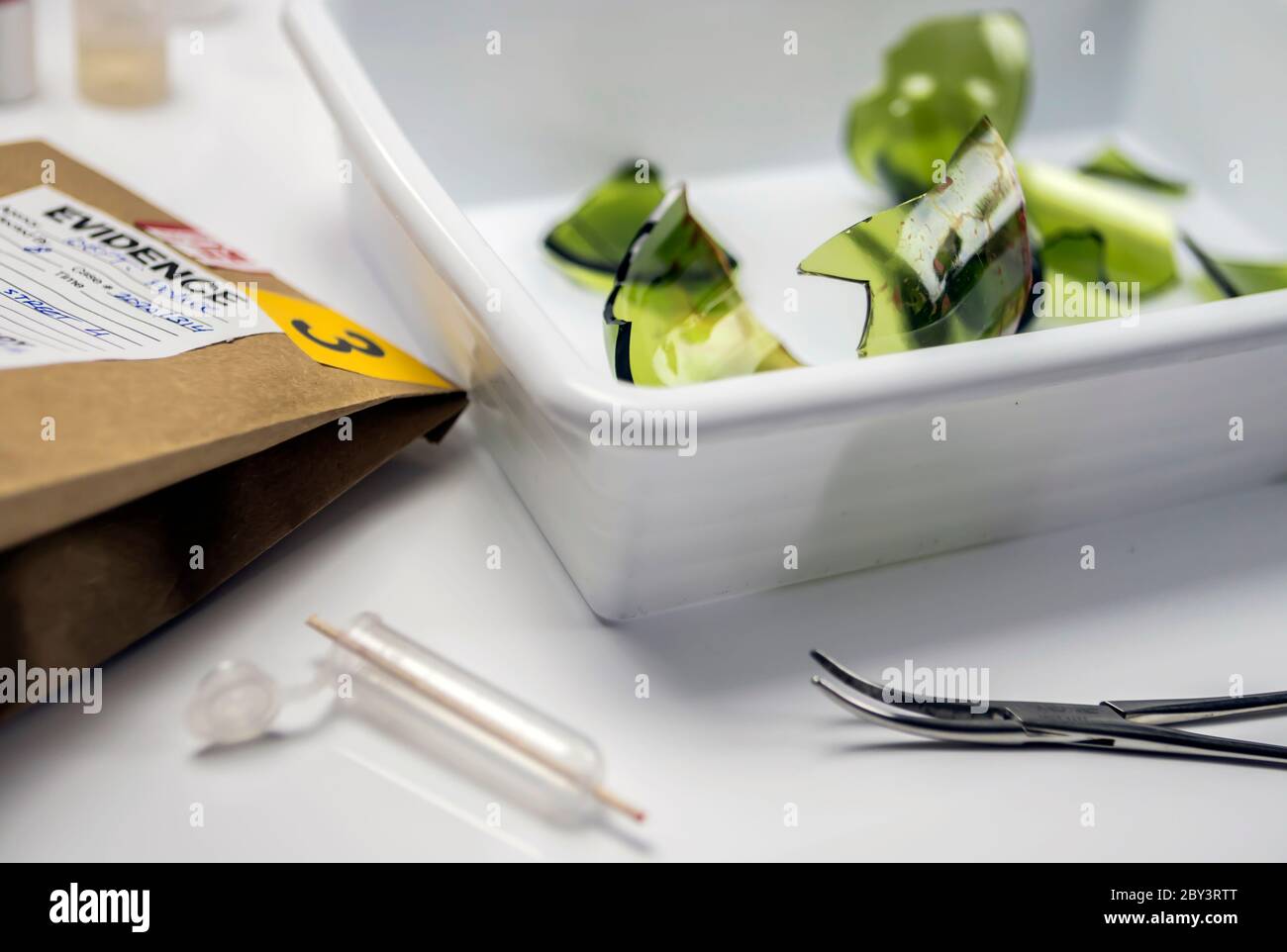 Campioni di una bottiglia di vetro rotta nel Criminalistic Lab, immagine concettuale Foto Stock