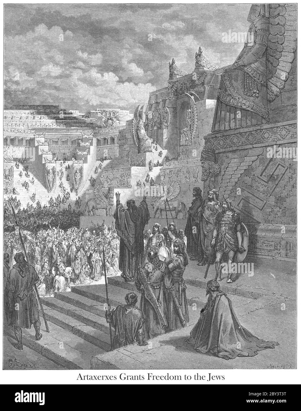 Artaserse che concede la libertà agli ebrei Ezra 7:13 dal libro 'la Galleria della Bibbia' illustrato da Gustave Dore con memorie di Dore e Letter-press descrittivo di Talbot W. Chambers D.D. Pubblicato da Cassell & Company Limited a Londra e contemporaneamente da Mame a Tours, Francia nel 1866 Foto Stock