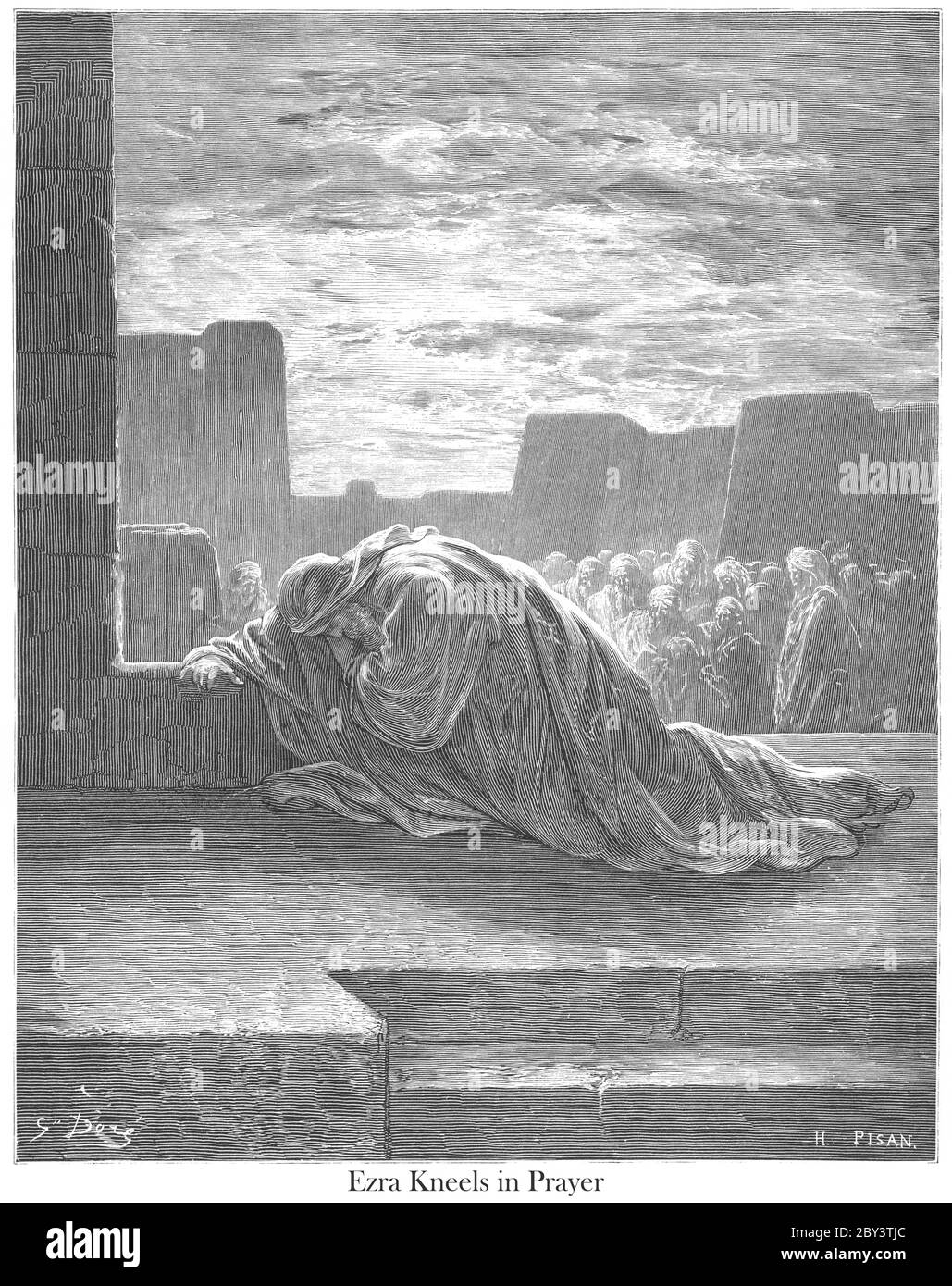 Ezra si inginocchia in preghiera Ezra 9:6 dal libro 'la Galleria della Bibbia' illustrato da Gustave Dore con memorie di Dore e Letter-press descrittivo di Talbot W. Chambers D.D. Pubblicato da Cassell & Company Limited a Londra e contemporaneamente da Mame a Tours, Francia nel 1866 Foto Stock