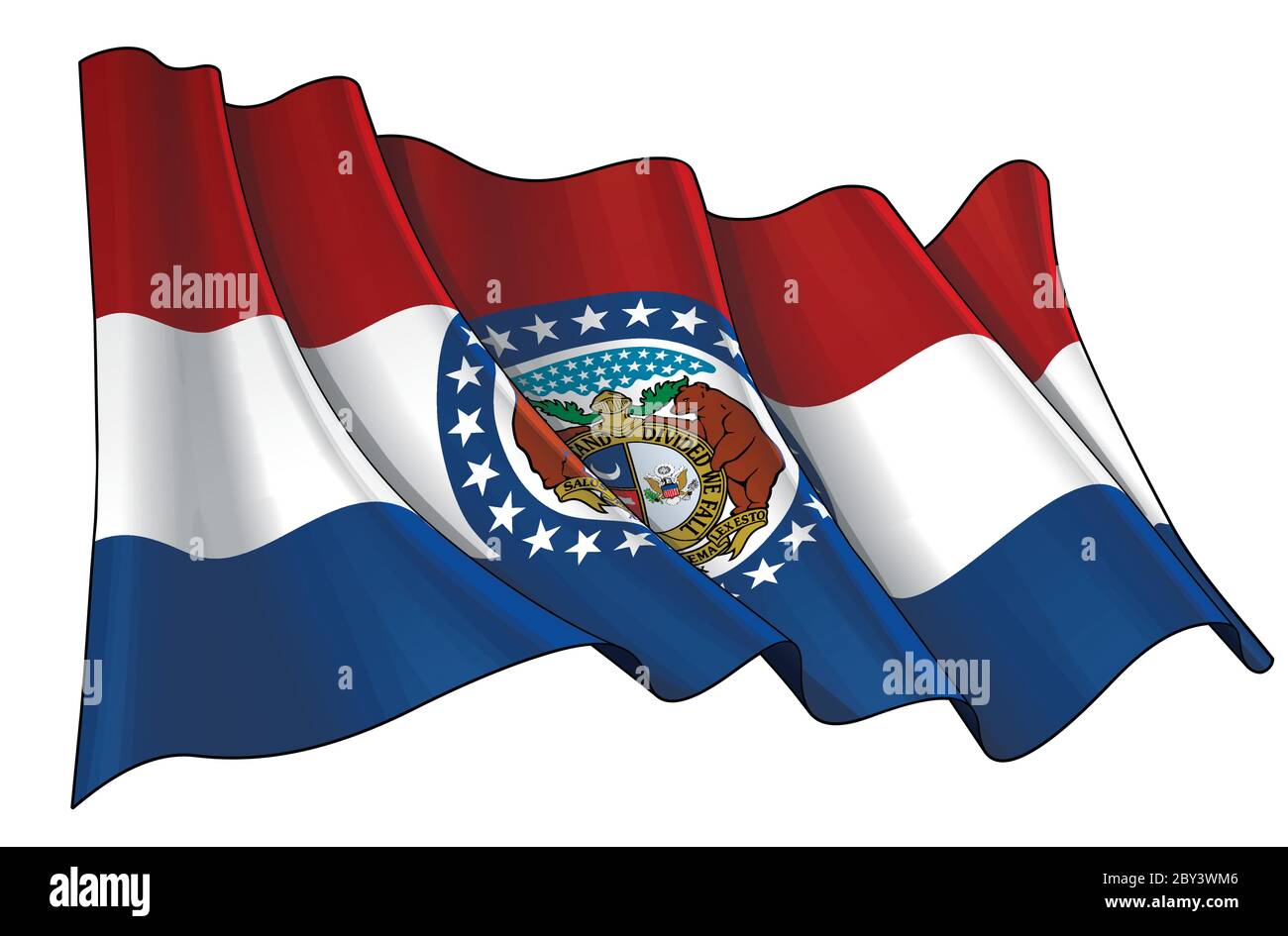 Illustrazione vettoriale di una bandiera ondulata dello Stato del Missouri. Tutti gli elementi sono perfettamente definiti su livelli e gruppi ben definiti. Illustrazione Vettoriale