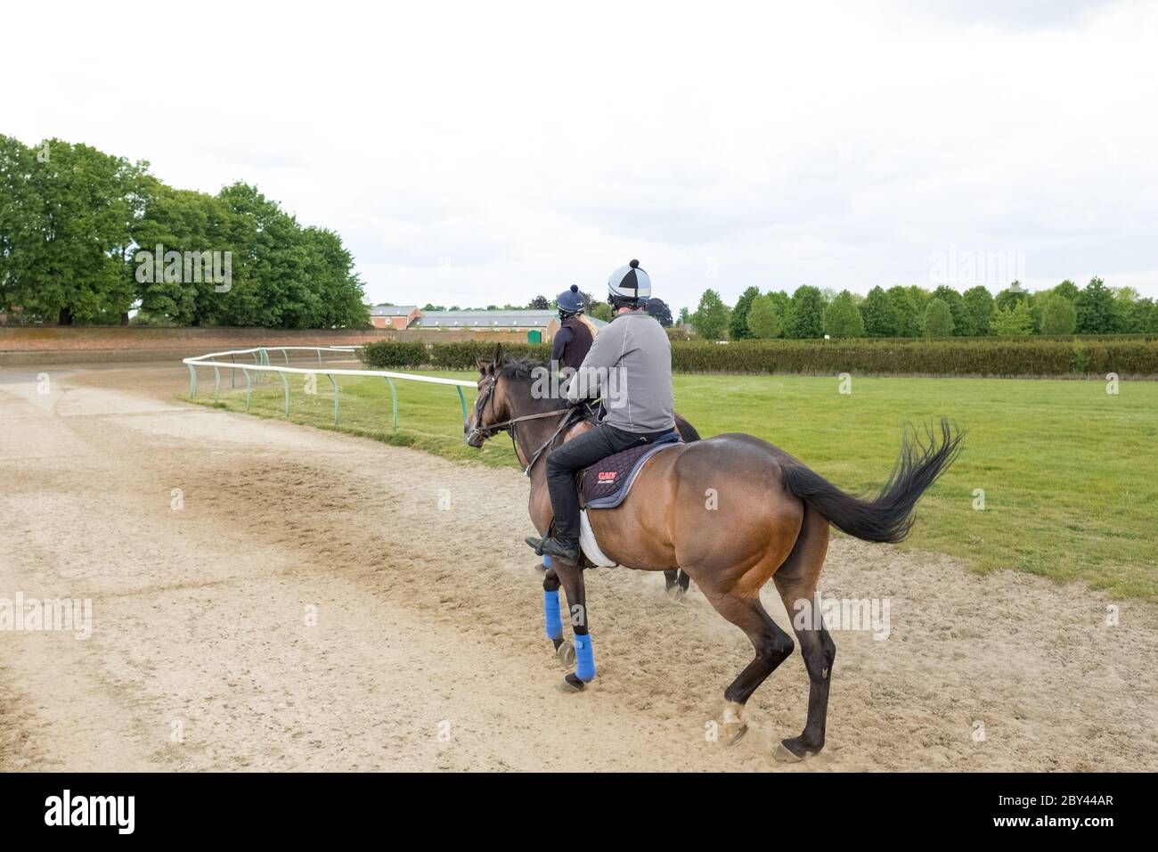 Coppia di fantini professionisti visti su un purosangue, dopo aver completato una sessione di allenamento a Newmarket, Regno Unito. Foto Stock