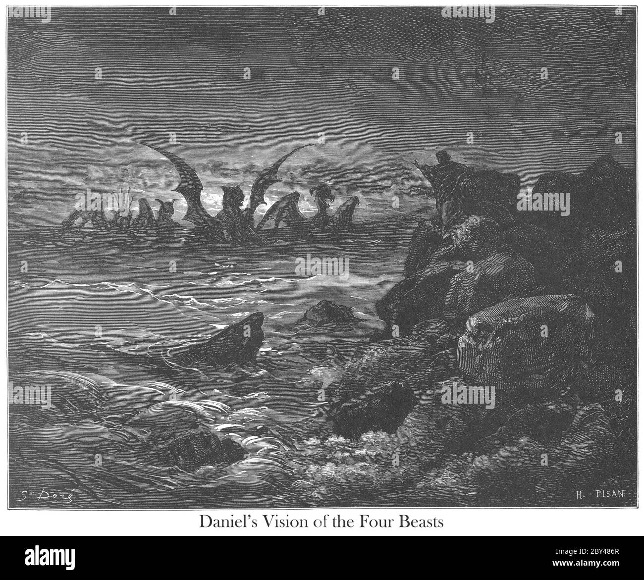 La visione delle quattro bestie Daniele 7:2-3 dal libro 'la Galleria della Bibbia' illustrato da Gustave Dore con memorie di Dore e Letter-press descrittivo di Talbot W. Chambers D.D. Pubblicato da Cassell & Company Limited a Londra e contemporaneamente da Mame a Tours, Francia nel 1866 Foto Stock