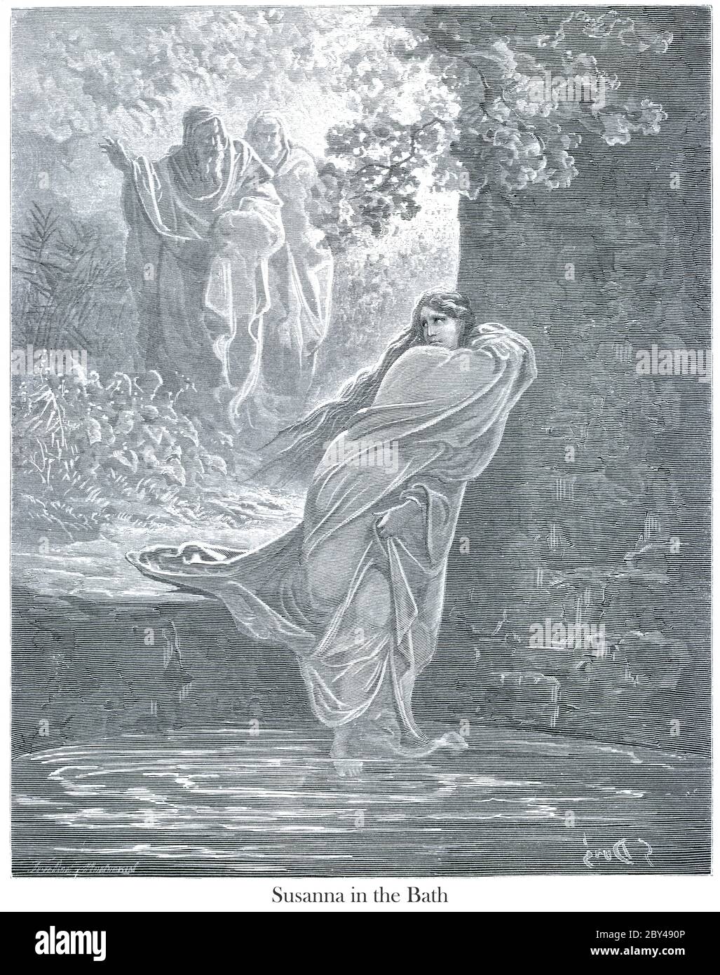 Susanna nel bagno la storia di Susanna 21 dal libro 'la Galleria della Bibbia' illustrato da Gustave Dore con memorie di Dore e Letter-press descrittivo di Talbot W. Chambers D.D. Pubblicato da Cassell & Company Limited a Londra e contemporaneamente da Mame a Tours, Francia nel 1866 Foto Stock