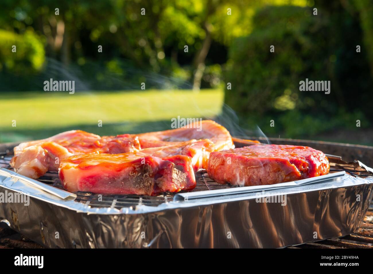 Primi piani di hamburger e costolette appena fatti, visti su un piccolo barbecue in un grande giardino durante l'estate. Foto Stock