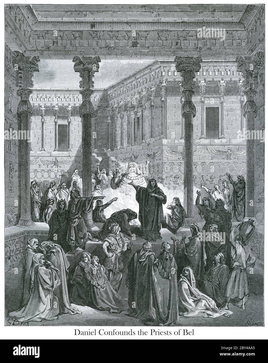 Daniele confonda i sacerdoti di bel 'bel e il Drago' dal libro 'Bible Gallery' illustrato da Gustave Dore con Memoir of Dore e Letter-press descrittivo di Talbot W. Chambers D.D. Pubblicato da Cassell & Company Limited a Londra e contemporaneamente da Mame a Tours, Francia nel 1866 Foto Stock