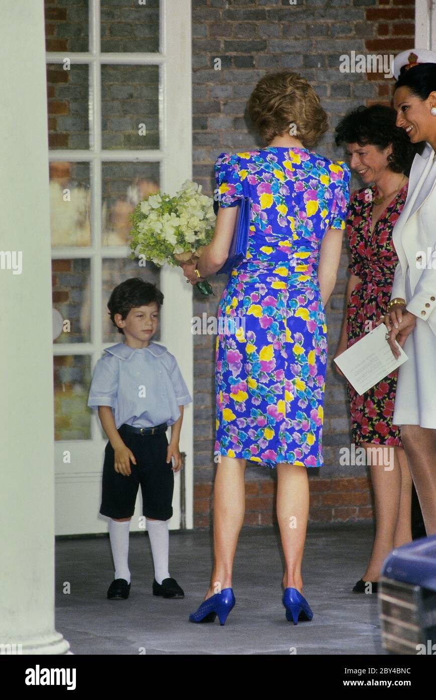 Vista completa sul retro di Diana, Principessa di Galles (1961-1997) con un abito a motivi floreali di Bellville Sassoon. Il suo "vestito premuroso". Inghilterra, Regno Unito. 1989 Foto Stock