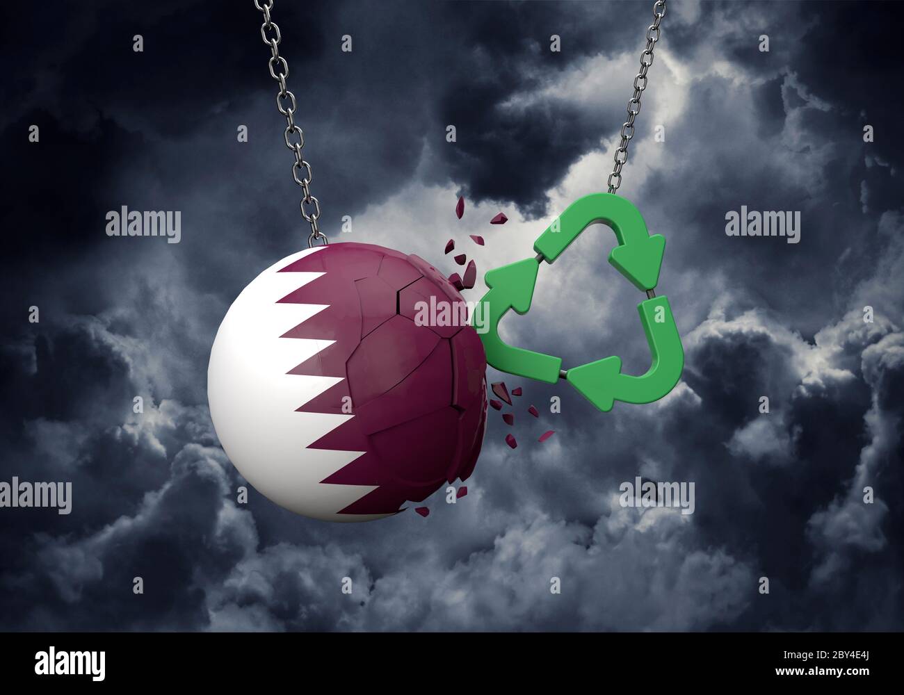Simbolo di riciclo verde che si blocca in una palla bandiera Qatar. Rendering 3D Foto Stock