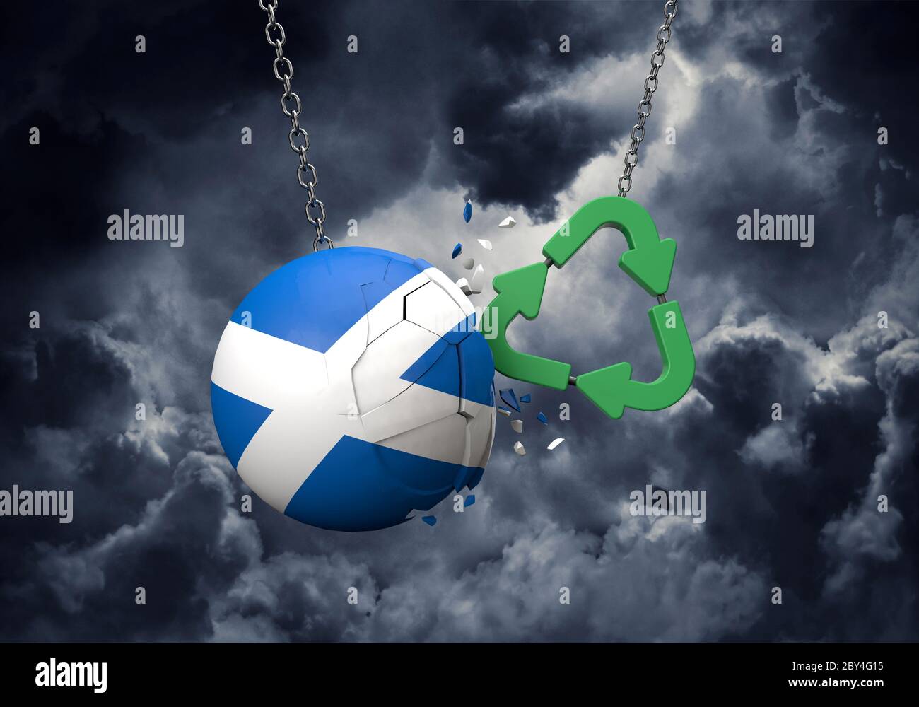 Simbolo di riciclo verde che si blocca in una palla di bandiera scozzese. Rendering 3D Foto Stock
