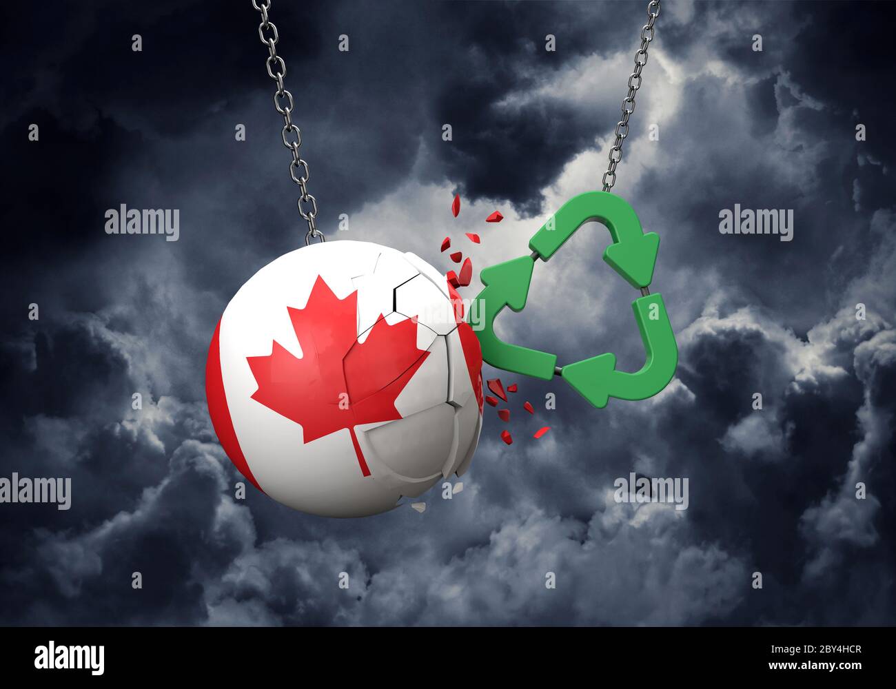 Simbolo di riciclo verde che si blocca in una palla bandiera canadese. Rendering 3D Foto Stock