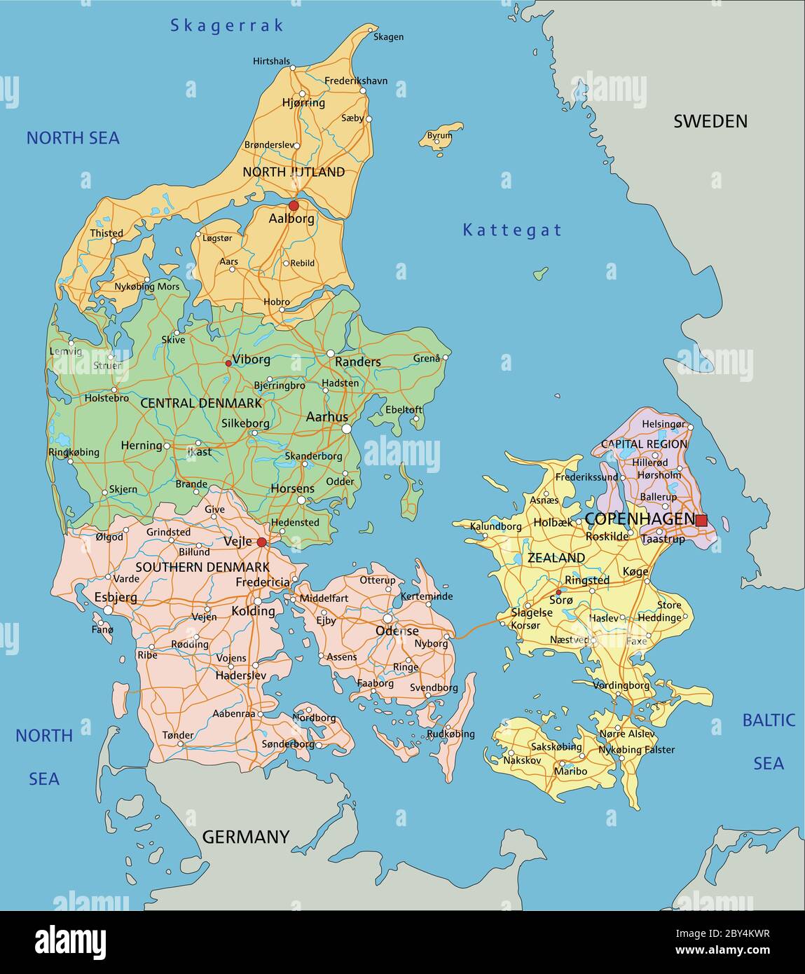 Danimarca - Mappa politica modificabile e molto dettagliata con etichettatura. Illustrazione Vettoriale