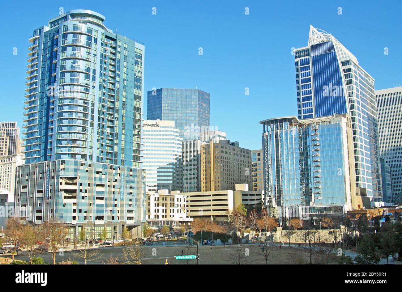 Grattacieli del quartiere centrale degli affari di Charlotte, Carolina del Nord, USA Foto Stock