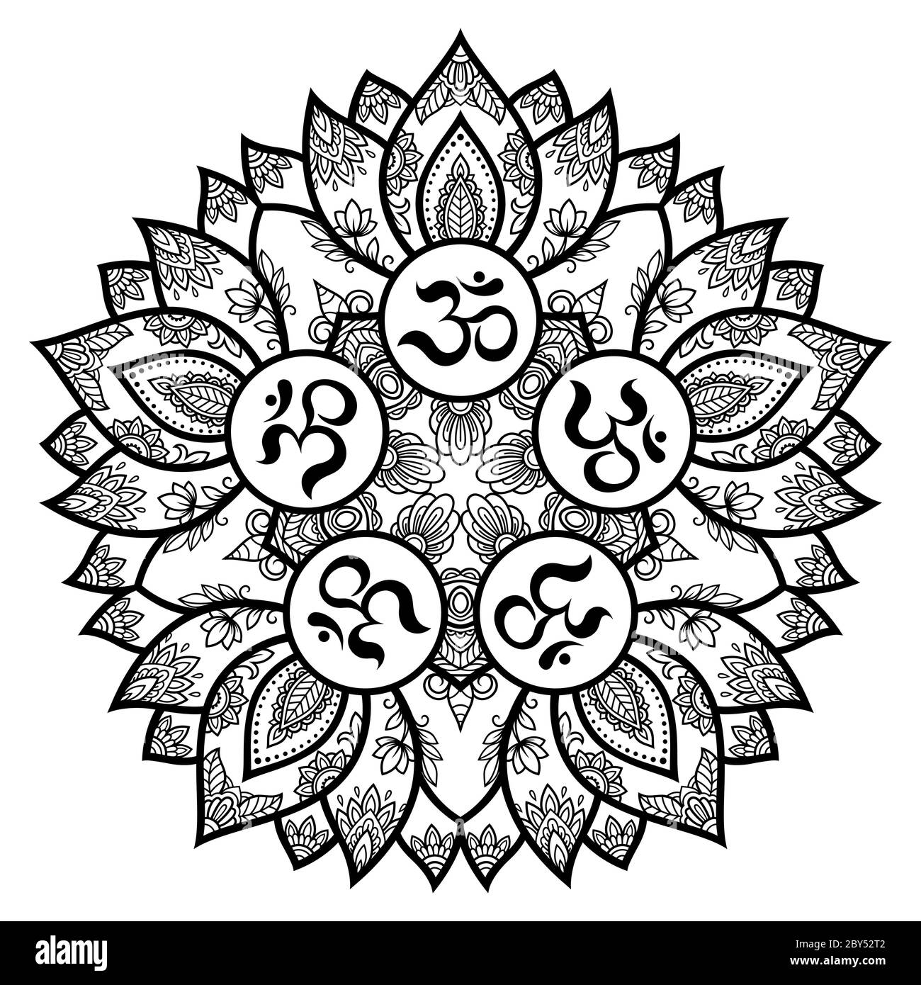 Modello circolare in forma di mandala per con fiore Henna, Mehndi, tatuaggio, decorazione. Ornamento decorativo in stile orientale con antico mantra indù Illustrazione Vettoriale