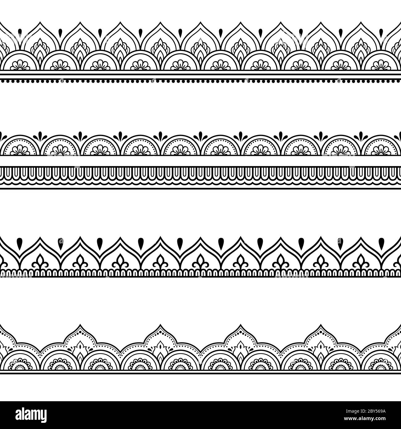 Set di bordi senza giunture per la progettazione e l'applicazione dell'hennè. Stile Mehndi. Motivo decorativo in stile orientale. Illustrazione Vettoriale