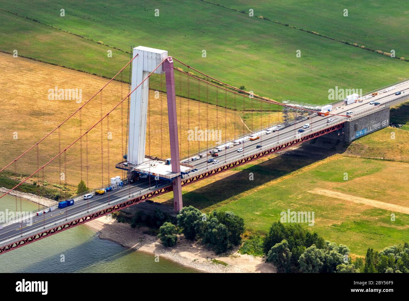 Ristrutturazione del ponte sul fiume Reno della B220 a Emmerich, 01.08.2019, vista aerea, Germania, Nord Reno-Westfalia, basso Reno, Emmerich am Rhein Foto Stock