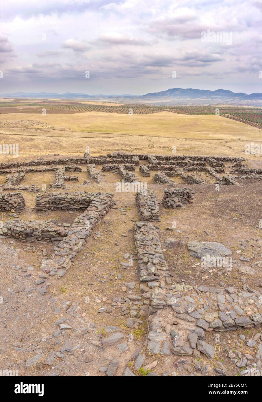 Hornachuelos case. Oppidum romano-repubblicano, II secolo a.C. Sito archeologico di Ribera del Fresno, Spagna Foto Stock