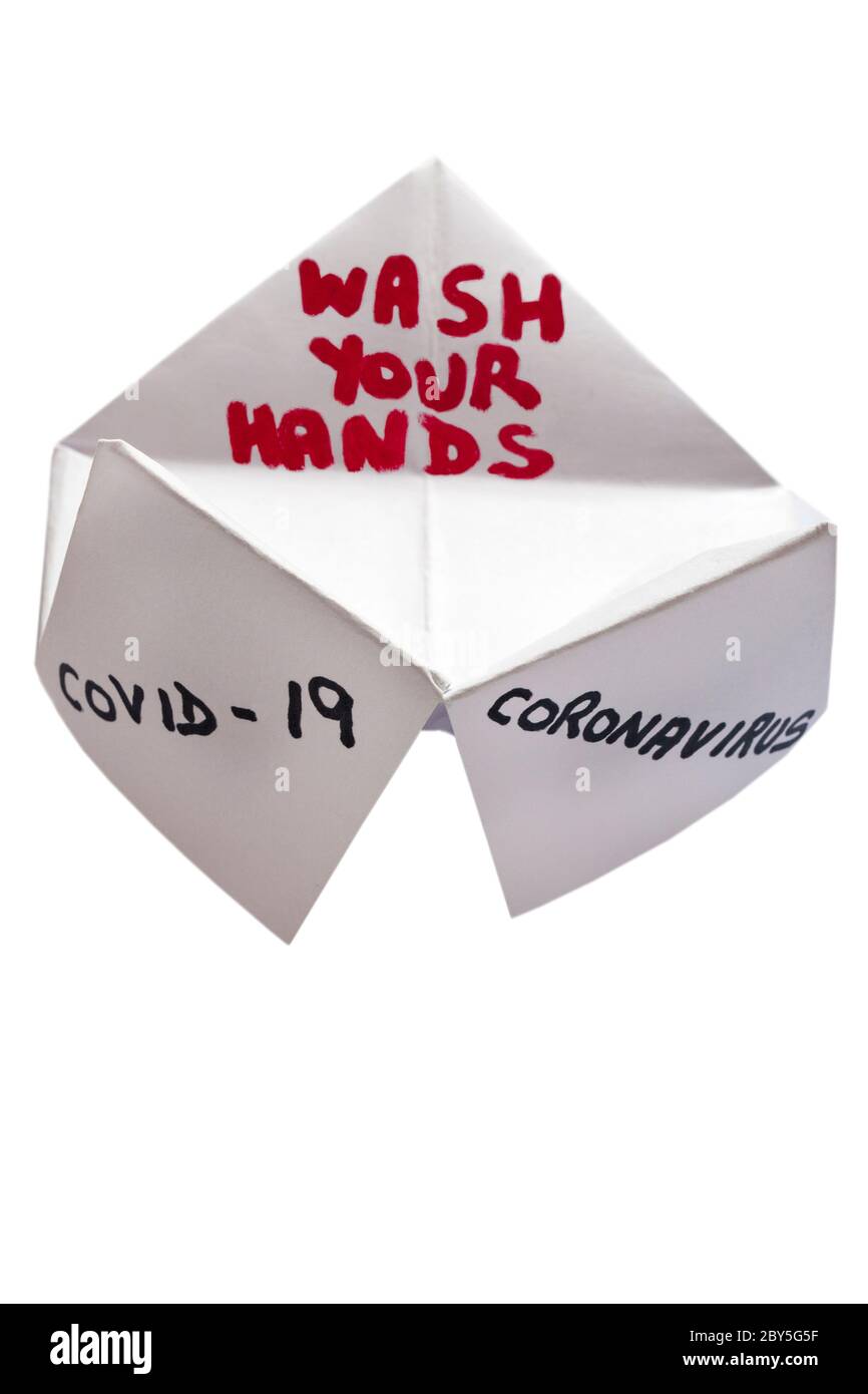 Origami fortune teller, carta fortuna teller, per Coronavirus Covid-19 - lavare le mani Foto Stock