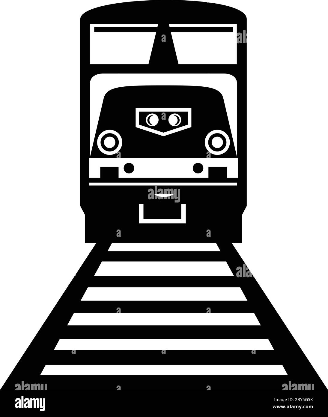 Illustrazione di un treno diesel, una locomotiva ferroviaria in cui il motore primario è un motore diesel, su binari ferroviari visti dalla parte anteriore in nero retrò Illustrazione Vettoriale