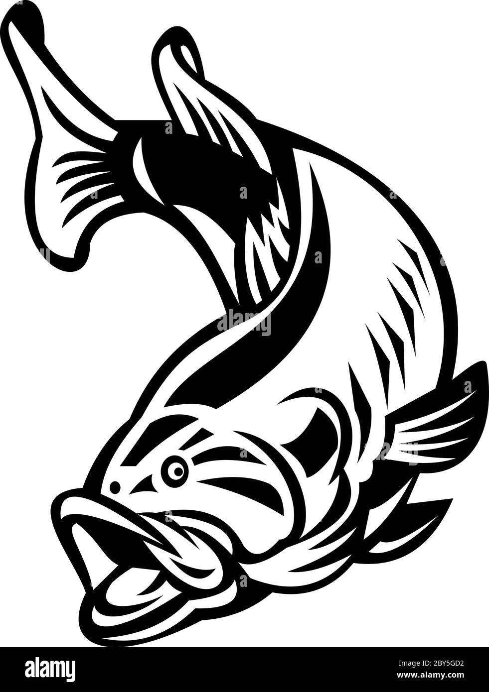 Illustrazione di un basso di largemouth (Micropterus salmoides), specie di basso nero e un gamefish carnivoro d'acqua dolce, nuotando in giù su retro isolato Illustrazione Vettoriale
