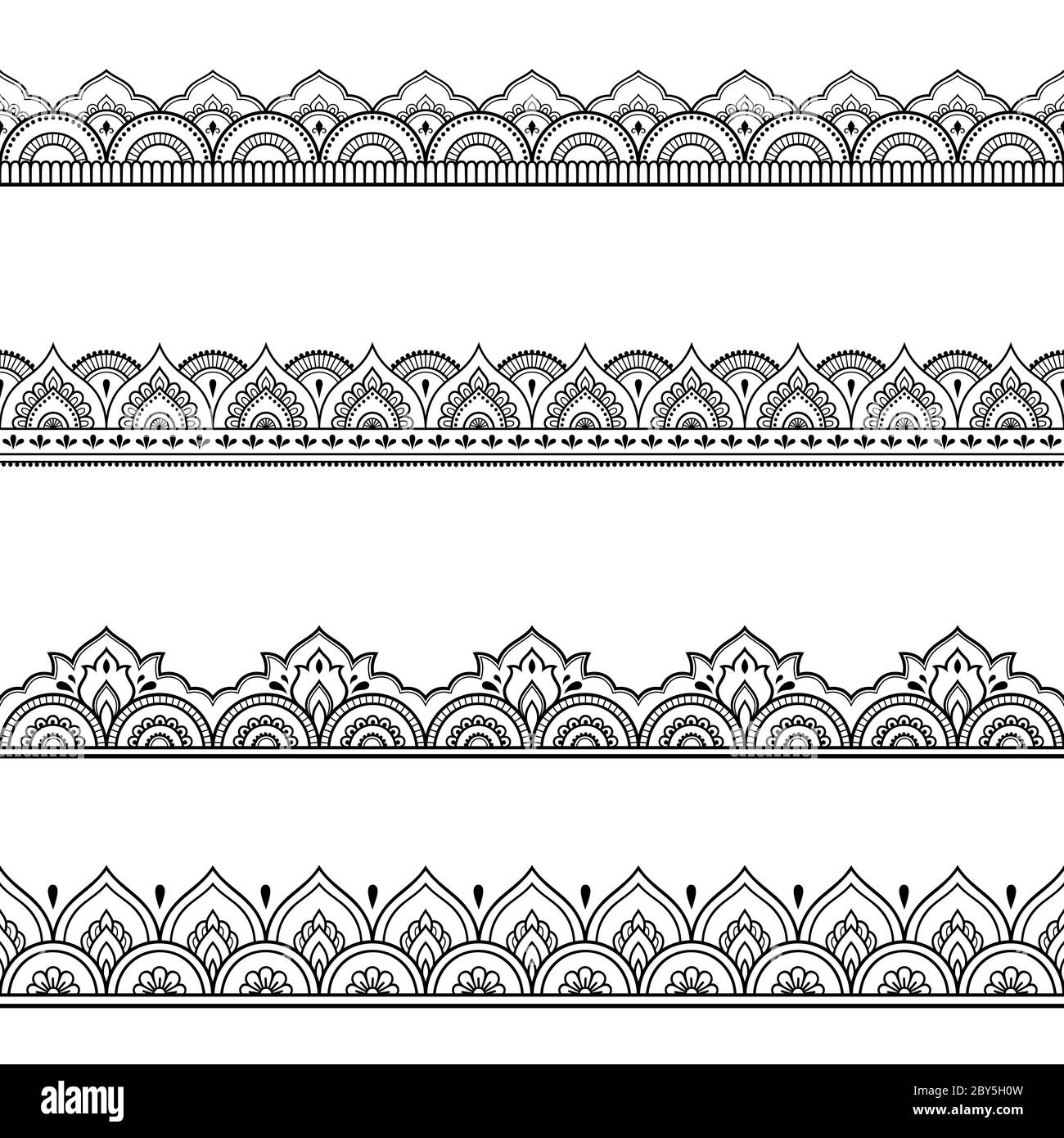 Set di bordi senza giunture per la progettazione e l'applicazione dell'hennè. Stile Mehndi. Motivo decorativo in stile orientale. Illustrazione Vettoriale