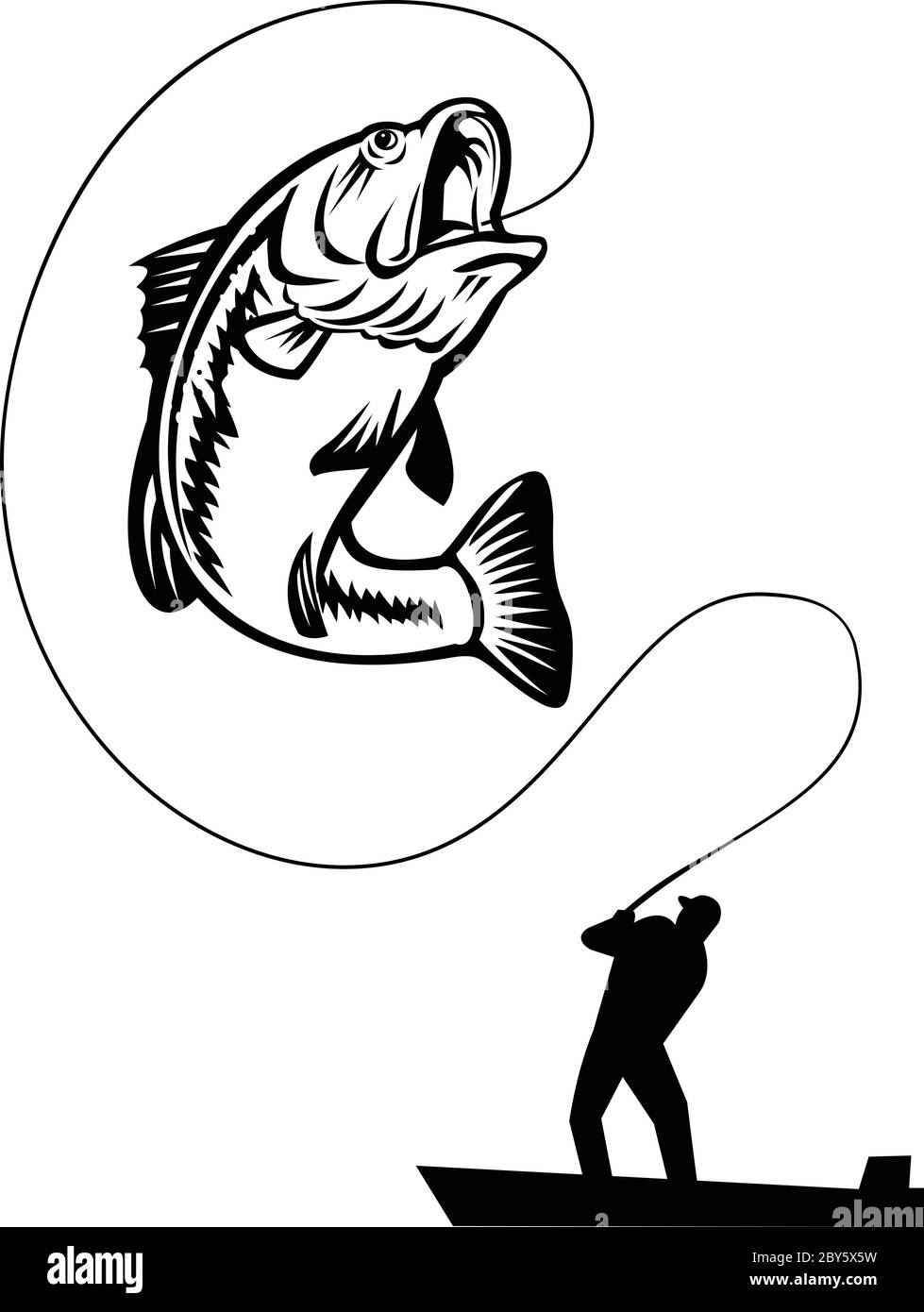 Illustrazione di un pescatore basso pesca di cattura di un largemouth, largies, largemouth settentrionale, widemouth, Bucketmouth o Florida basso, saltando su è Illustrazione Vettoriale