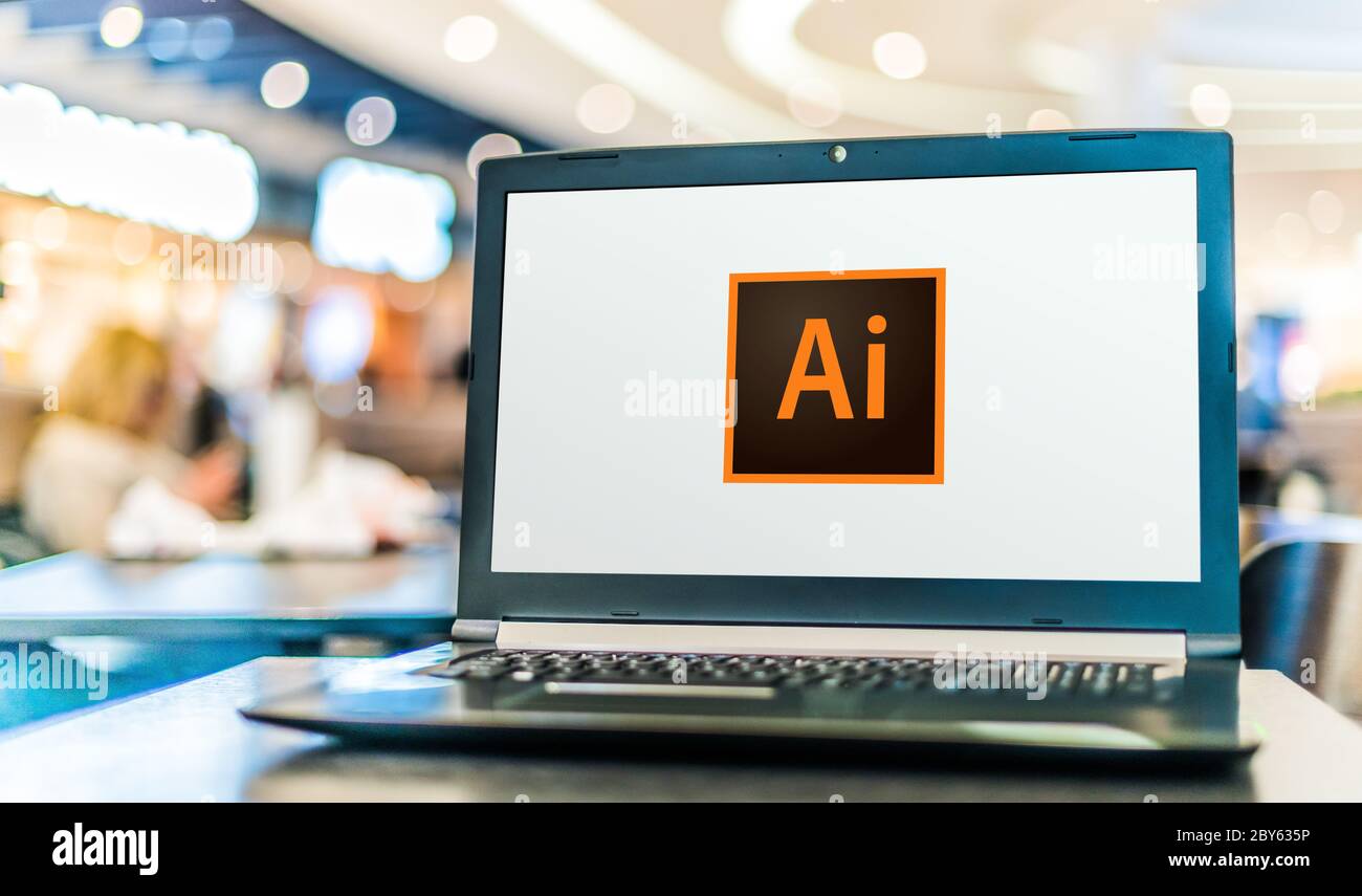 POZNAN, POL - 21 MAGGIO 2020: Computer portatile con logo di Adobe Illustrator, un editor di grafica vettoriale sviluppato e commercializzato da Adobe Inc Foto Stock