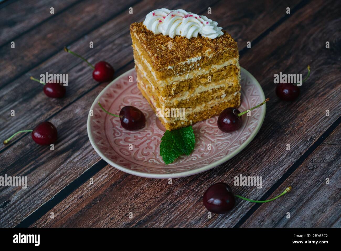 Pezzo di torta al miele multistrato con crema. Classici pezzi di torta al miele con crema pasticcera. Torta al miele fatta in casa su sfondo di legno con foglie di ciliegia e menta. Deliziosa fetta di torta a strati sul piatto Foto Stock